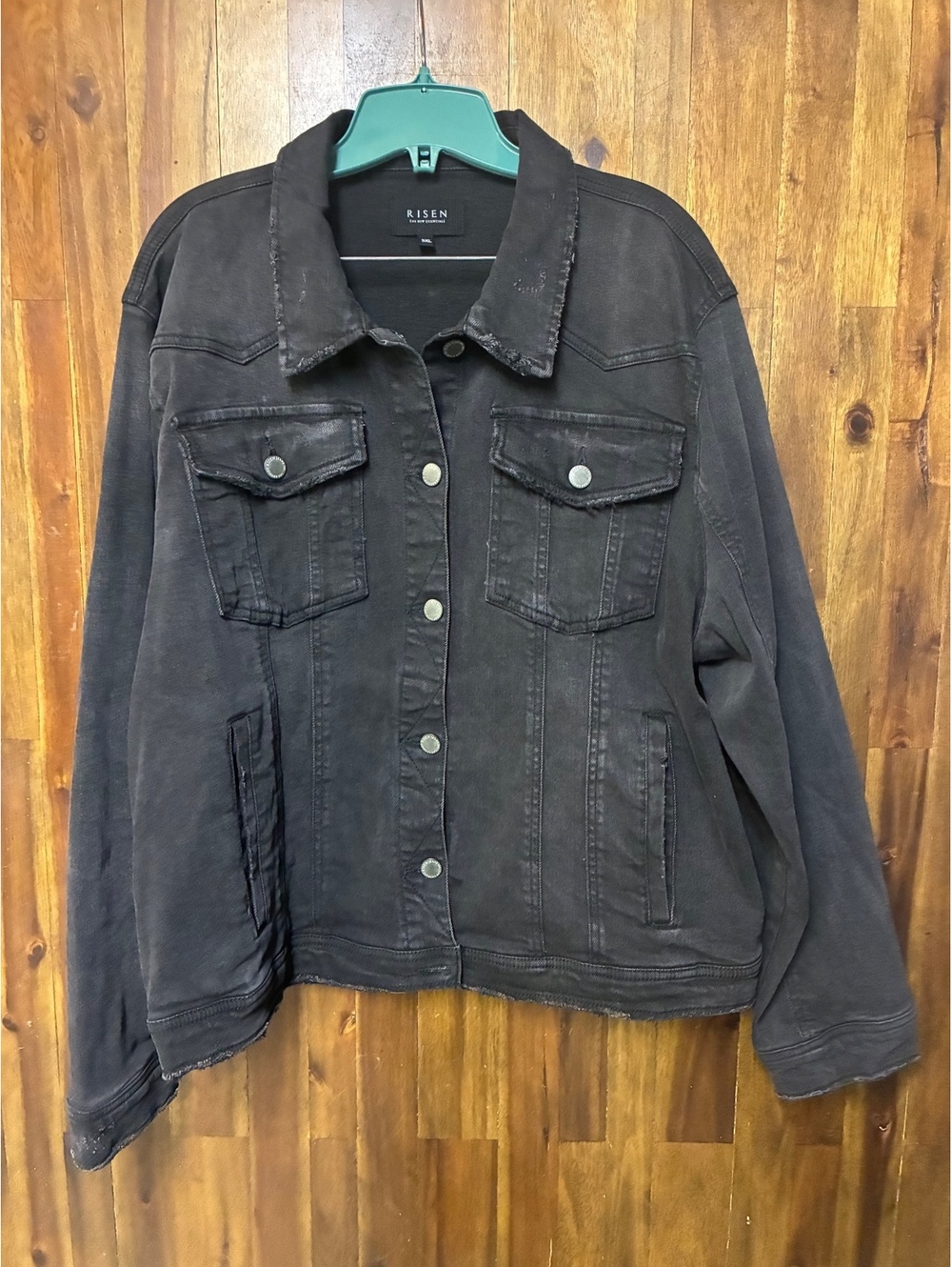 Risen 3XL Black Distressed Denim Jacket Oversized Grunge Moto Streetwear Y2K